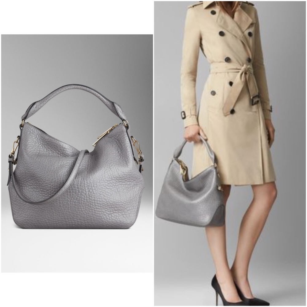 Burberry Small Heritage Grain Leather Hobo Bag in Mid Grey Melange
